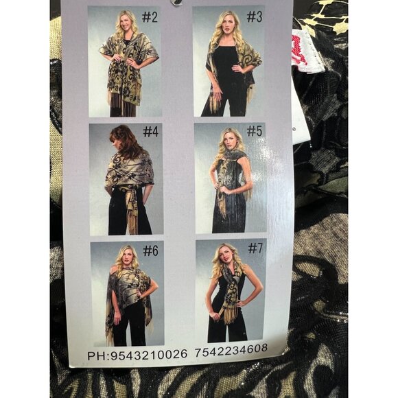 Black Tan 7-Way Scarf Poncho Top Metallic Threading  Fringe By Kokomo Unlimited - Picture 9 of 12